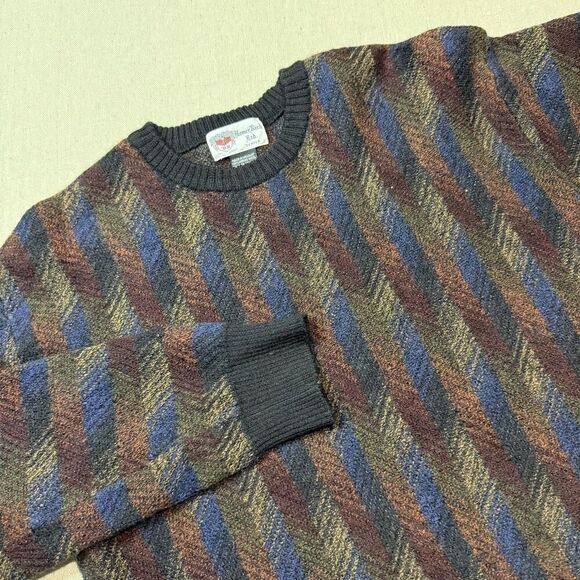 Vintage Hamer Reed Merino Wool Sweater Mens XL Suede Elbow Patch Navy Burgundy - Picture 1 of 7